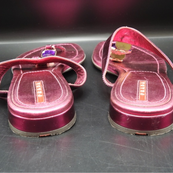 PRADA WOMEN'S PINK JEWELED THONG LEATHER FLAT SANDALS - Picture 8 of 10